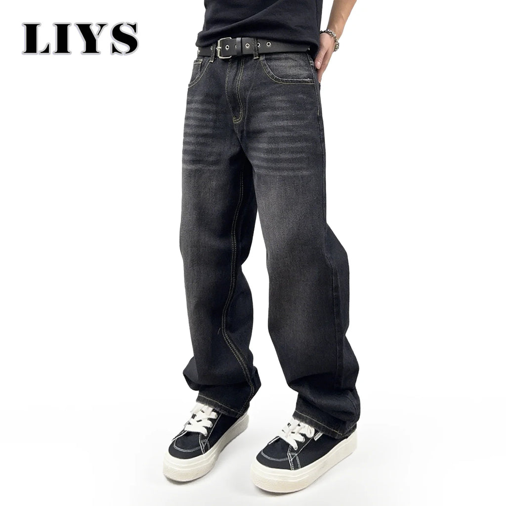 LIYS Spring Men's Black Classic Baggy Straight leg Jeans 2025 Retro Washed Basic Denim Pants Summer Business Casual Baggy Jeans