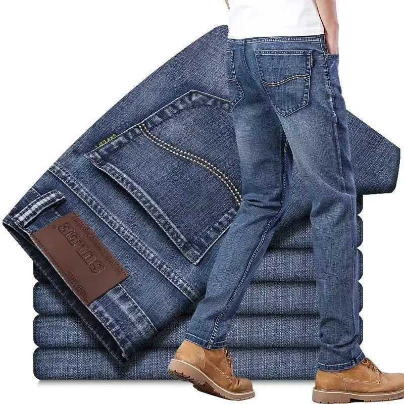 New Business Men's Jeans Casual Straight Stretch Fashion Classic Blue Black Work Denim Trousers Male Brand Clothing