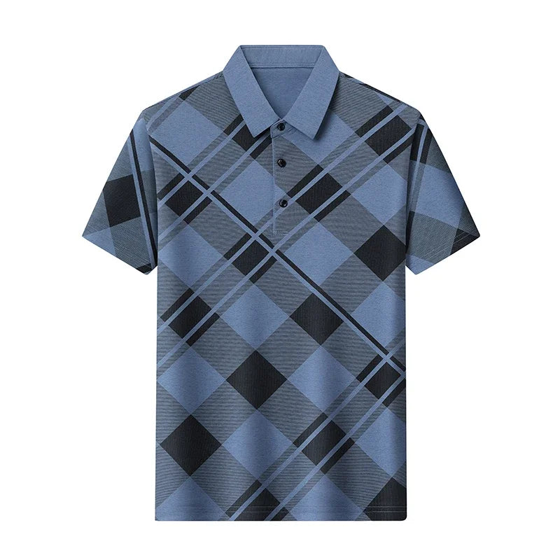 Mens Short Sleeve Big Tartan Diagonal Grid Printed Polo Tees Two Tone Placket Buttons Slim Fit Fashion Tops For Men