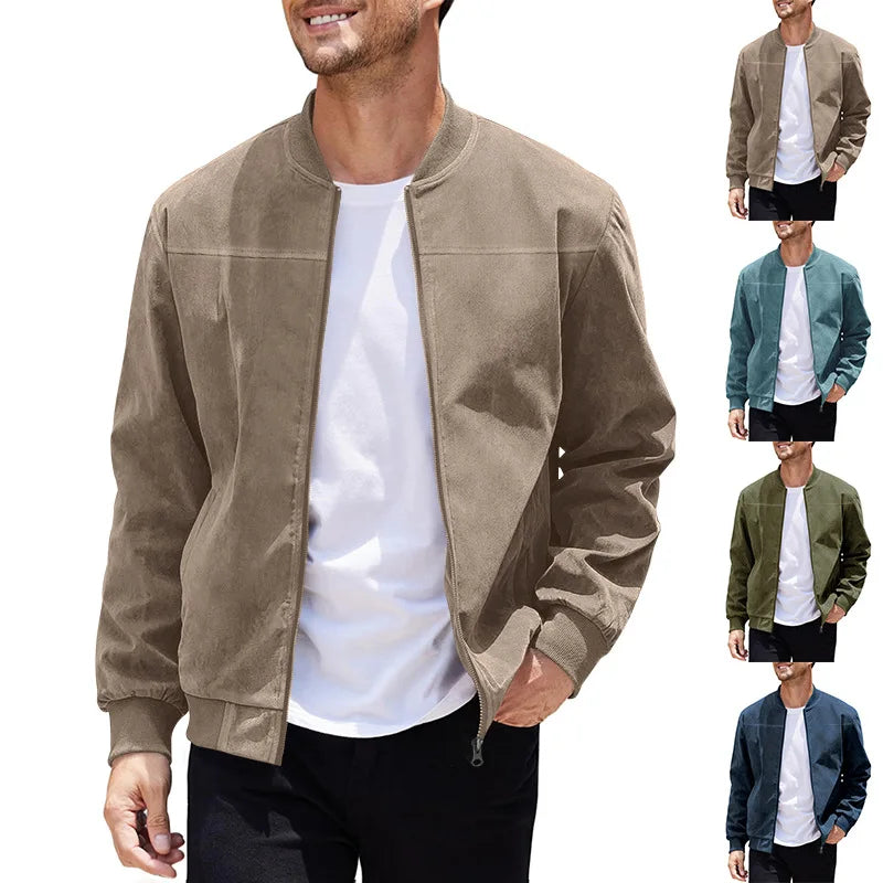 Amazon Suede Solid Color Zipper Jacket Casual Vintage Long Sleeve Cardigan Jacket Men
