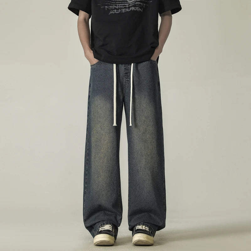 full length men's oversize y2k black big boys jeans for man washed straight leg casual loose wide baggy pants Men trousers denim