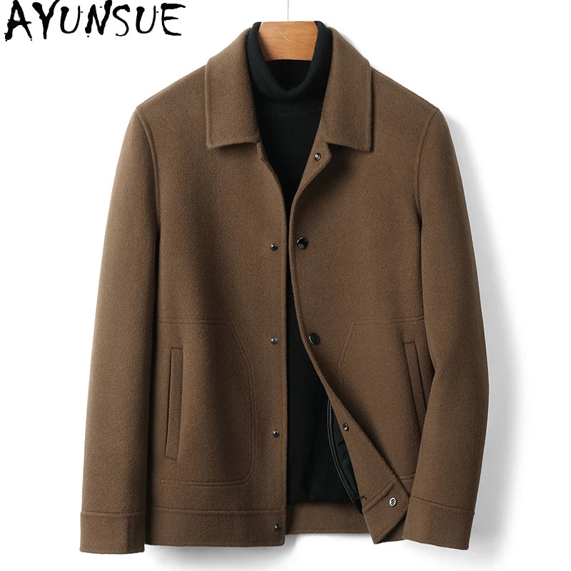 AYUNSUE Winter Natural Woolen Coat Fashion Men's Clothing Double-breasted Woolen Mens Coat Short Smart Jacket Пальто Мужское