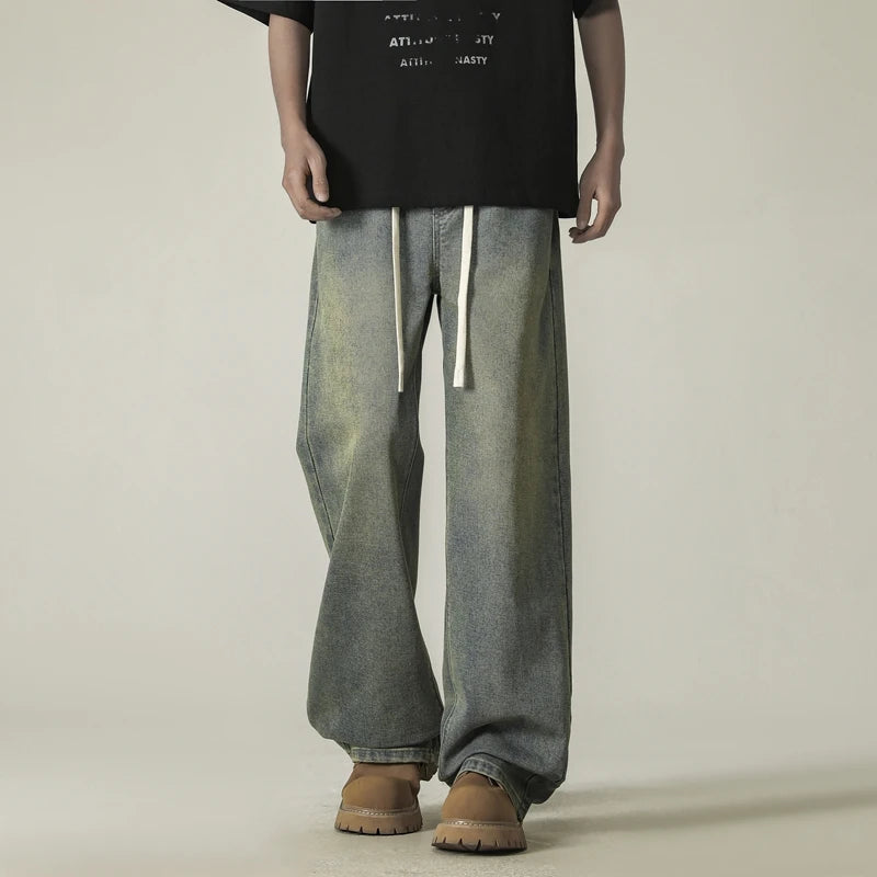 full length men's oversize y2k black big boys jeans for man washed straight leg casual loose wide baggy pants Men trousers denim