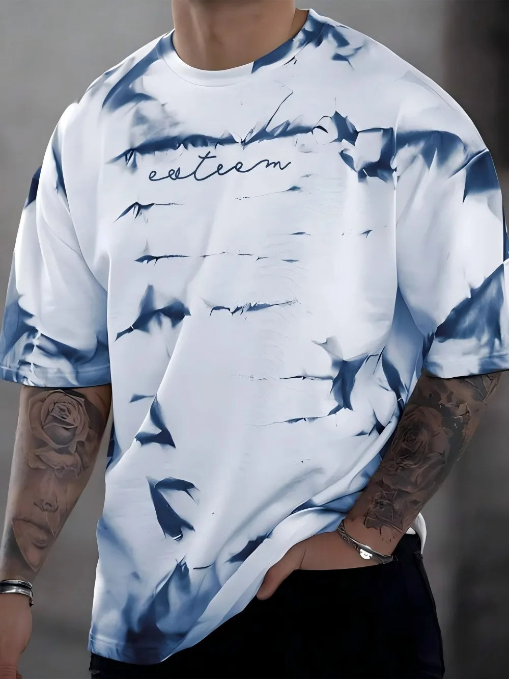 Summer Men's Breathable Comfortable and Fashionable Tie Dye Letter Pattern Round Neck T-Shirt Suitable for Outdoor Sports Wear