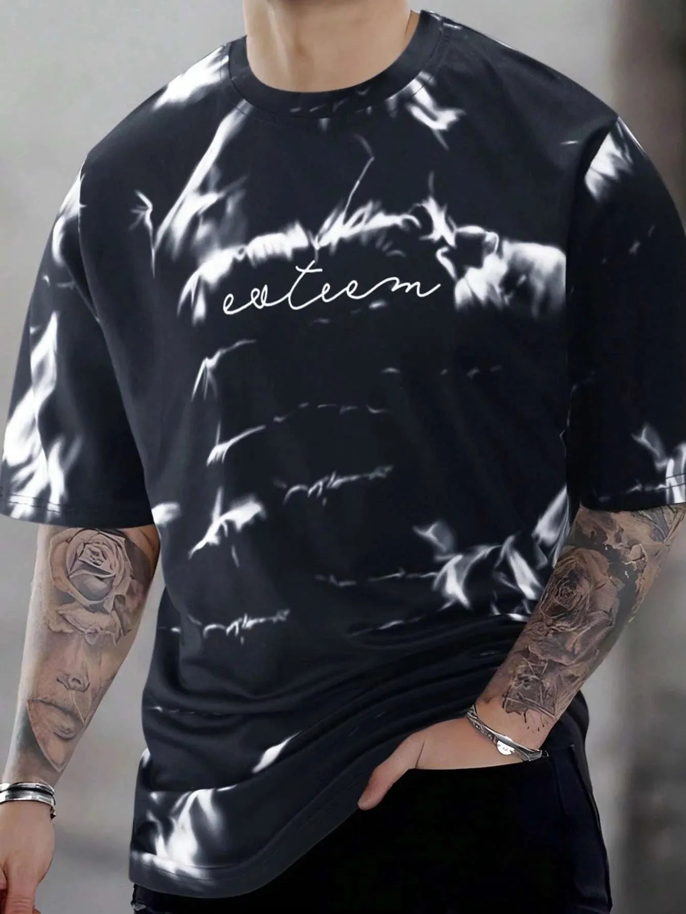 Summer Men's Breathable Comfortable and Fashionable Tie Dye Letter Pattern Round Neck T-Shirt Suitable for Outdoor Sports Wear