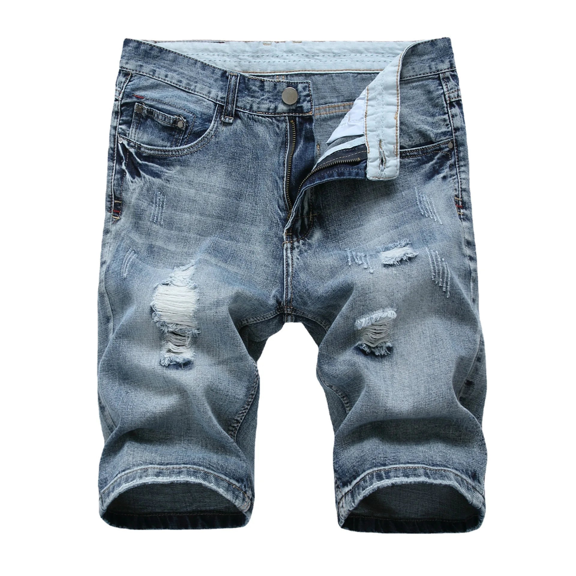 New Summer Vintage Washed Men Denim Shorts Casual Fashion Street Wear Ripped Hole Patches Distressed Male Straight Jeans Shorts