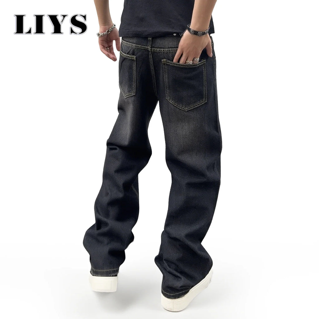 LIYS Spring Men's Black Classic Baggy Straight leg Jeans 2025 Retro Washed Basic Denim Pants Summer Business Casual Baggy Jeans