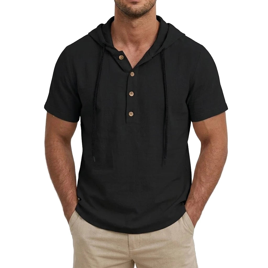 Men's Linen Hooded Short Sleeve Shirt