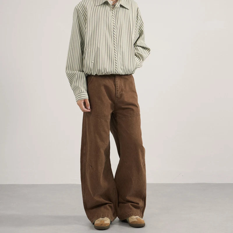 Unisex Green Brown Washed Barrel Jeans Curved Leg Wide Loose Fit Denim Pants Y2K Vintage Baggy Streetwear Trousers for Men Women