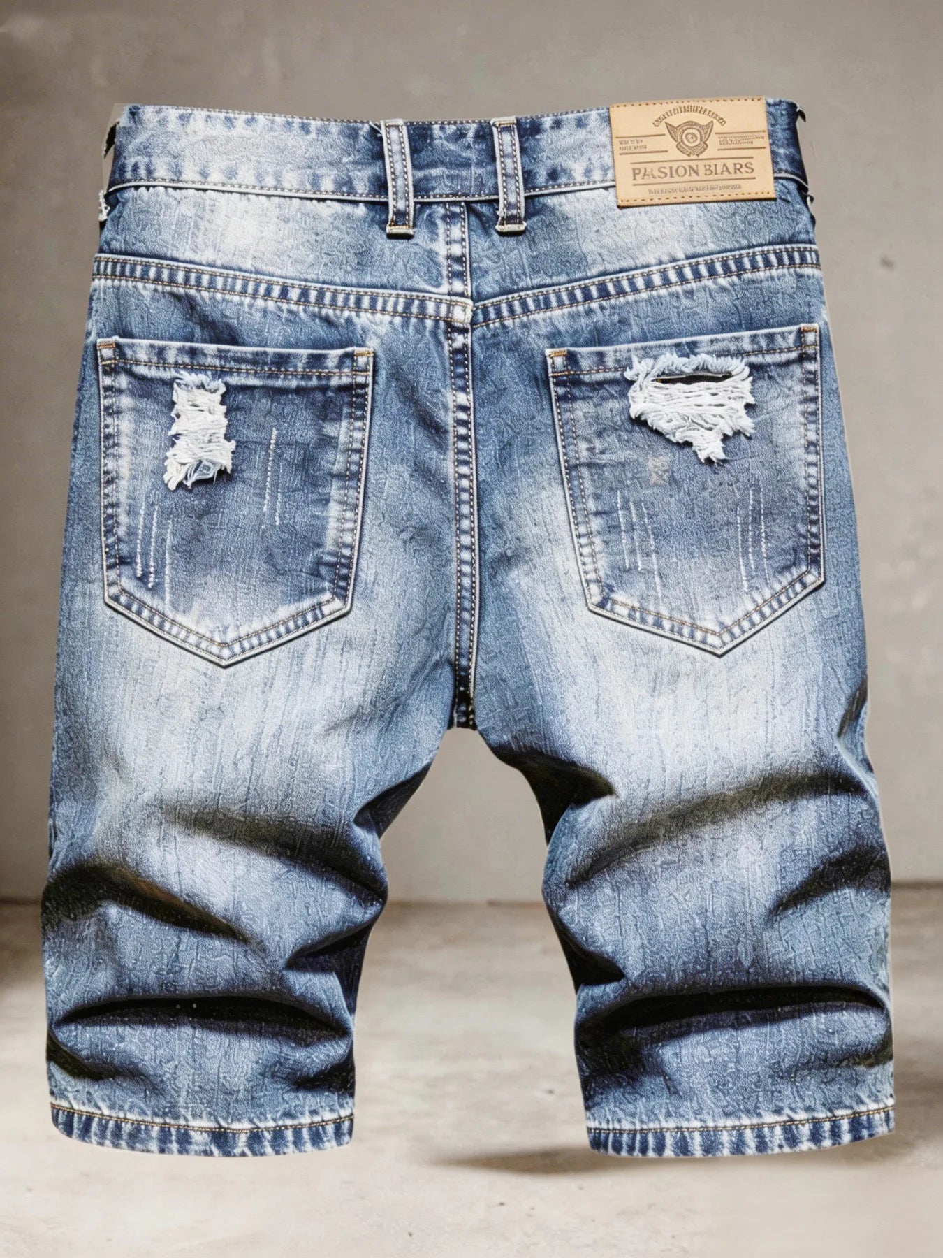 Men's Casual Spring/Summer Denim Shorts - Distressed Denim Shorts with Frayed Edges and Patchwork Details, Fashionable Street-St