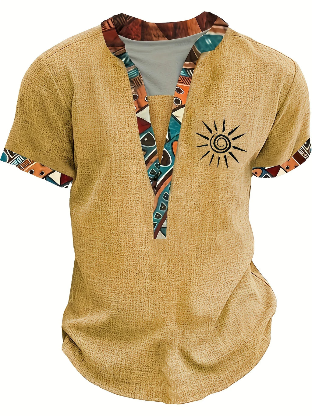 Mens Tribal Digital Print Henley Shirt Short Sleeve Six Button Hem Summer European American Youth Casual Fashion Beach Top