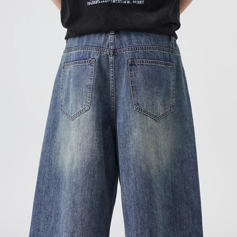 Men's Non-Elastic Denim Seven-Five Shorts Loose Wide Leg Fit Versatile Simple Style Casual Shorts