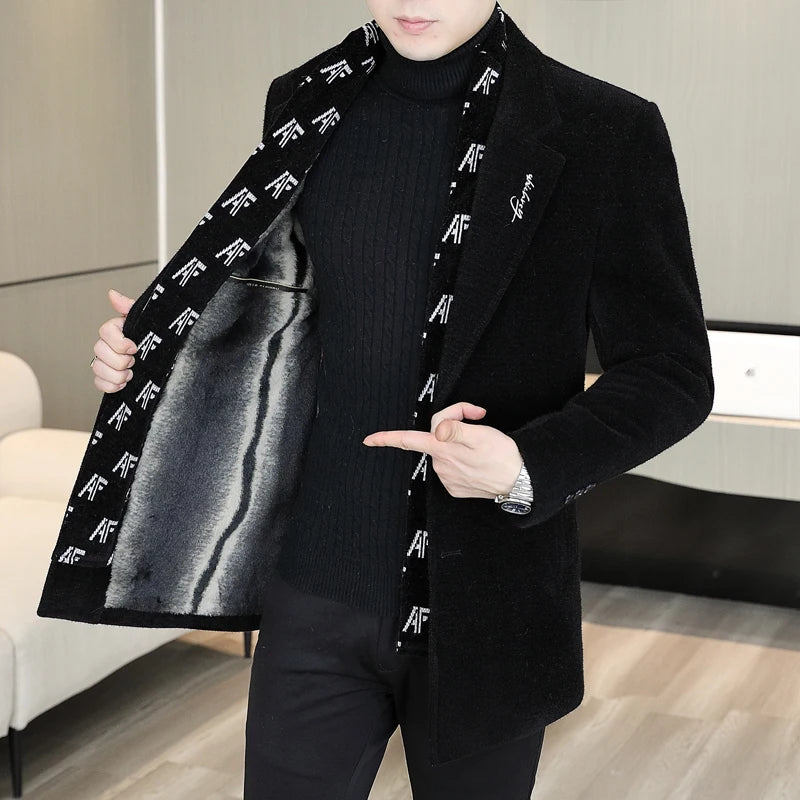 Winter Men's Woolen Coat Men Wool Coats Fashion Middle Long Scarf Collar Cotton Padded Thick Warm Male Trench  Overcoat