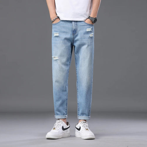 2026 Spring Summer Men's Ripped Jeans Cotton Trendy Straight Casual Denim Pants Trousers Outdoor Pastoral Outing