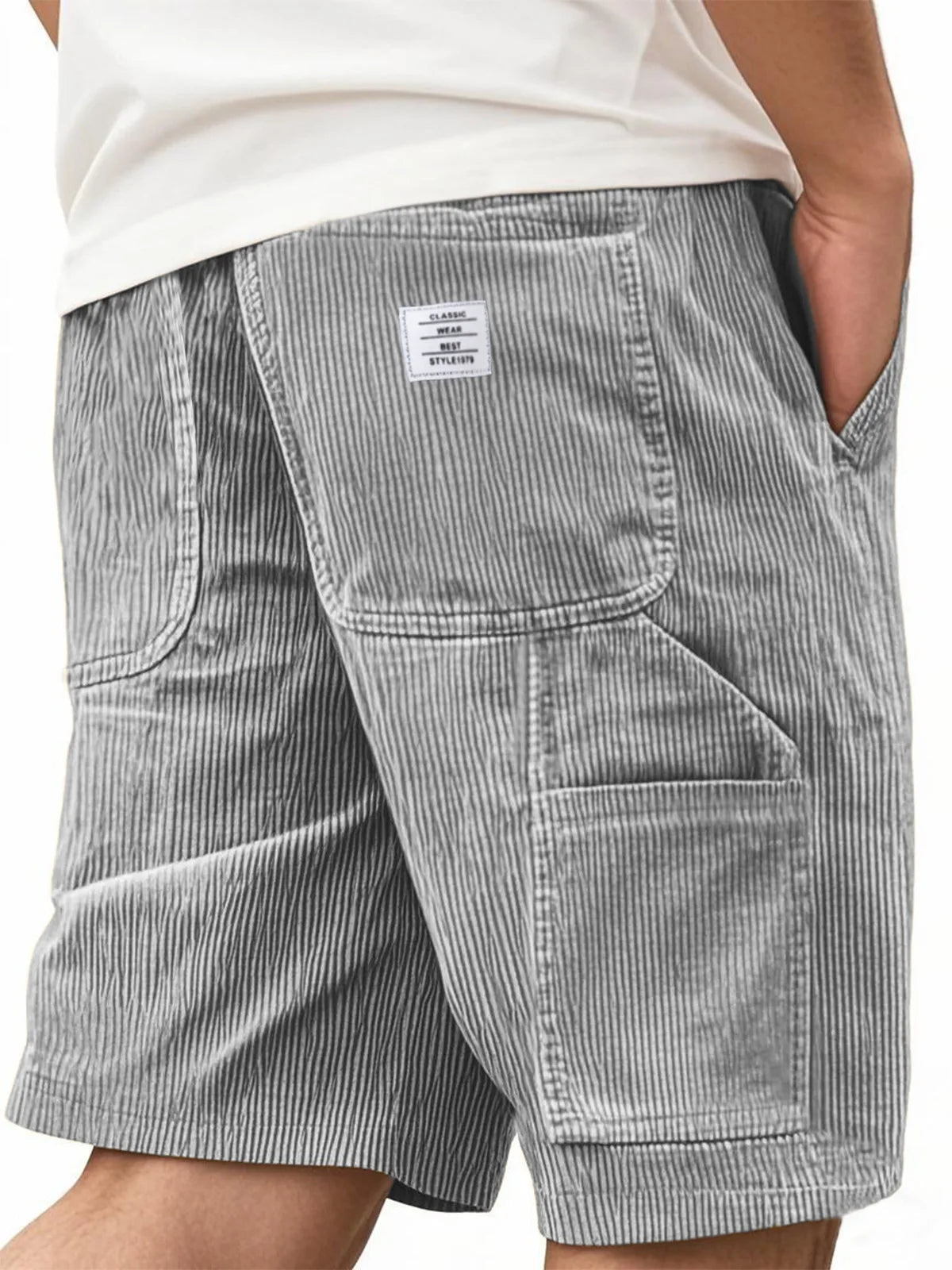 2026 Summer Men's Retro Corduroy Workwear Shorts Elastic Waist Multi-Pocket Casual Shorts Embroidery Daily Shorts For Male