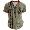 Mens Tribal Digital Print Henley Shirt Short Sleeve Six Button Hem Summer European American Youth Casual Fashion Beach Top