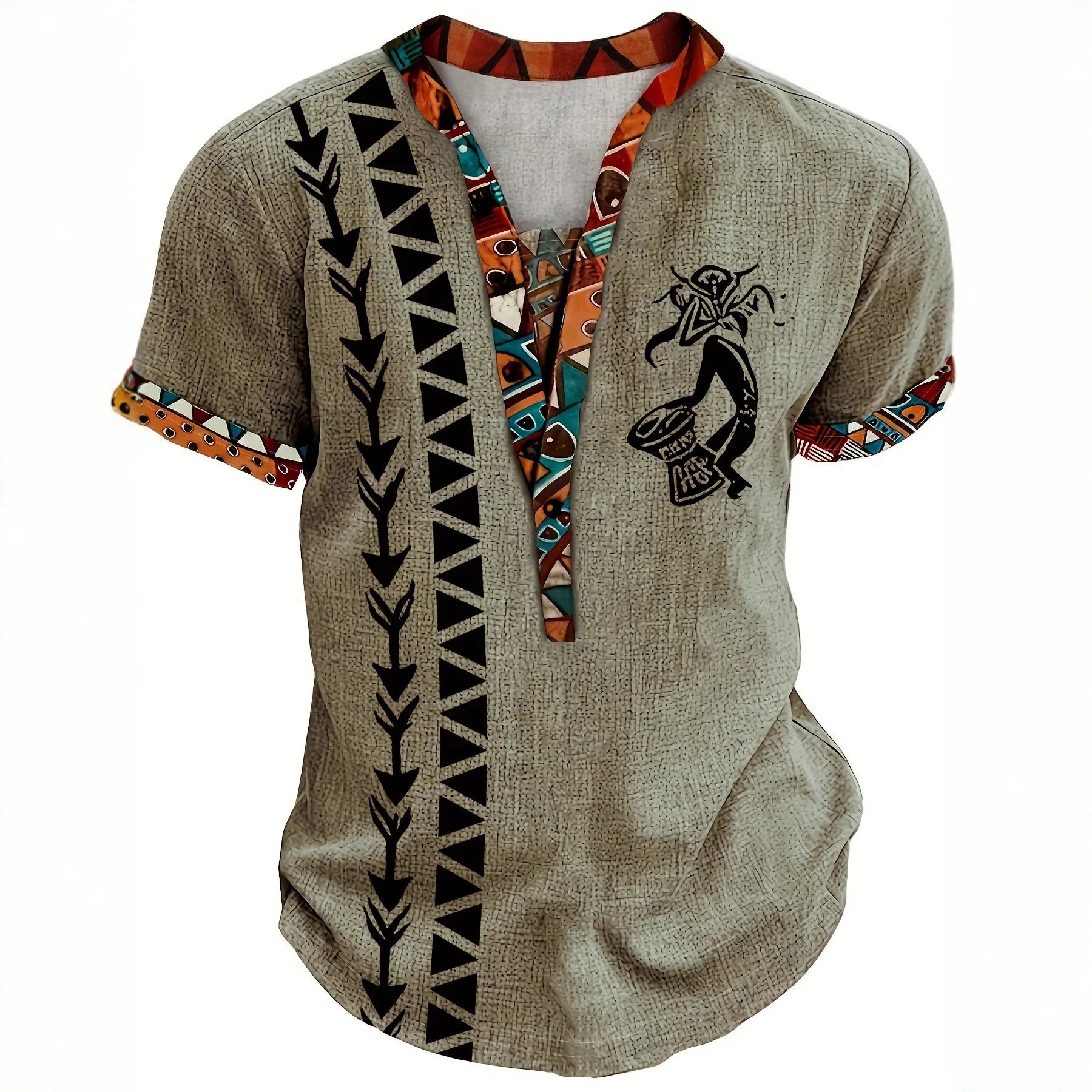 Mens Tribal Digital Print Henley Shirt Short Sleeve Six Button Hem Summer European American Youth Casual Fashion Beach Top