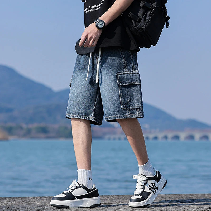 Vintage Blue Men's Denim Shorts Summer New Large Pocket Loose Wide Leg Cargo Jeans Knee Length Elastic Waist Casual Shorts