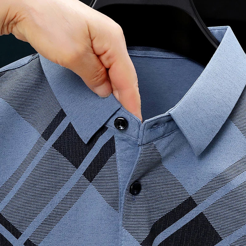 Mens Short Sleeve Big Tartan Diagonal Grid Printed Polo Tees Two Tone Placket Buttons Slim Fit Fashion Tops For Men