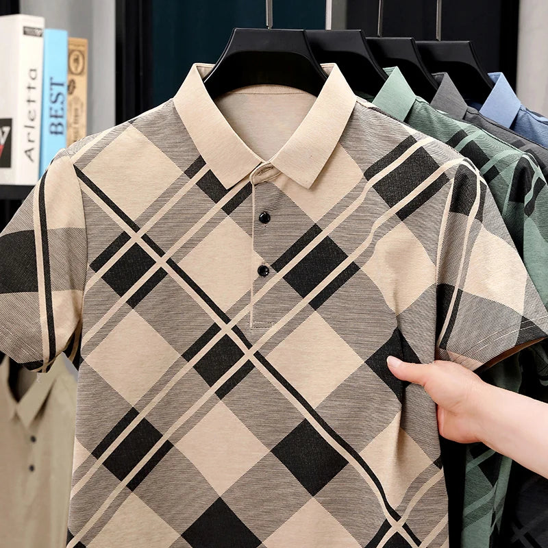 Mens Short Sleeve Big Tartan Diagonal Grid Printed Polo Tees Two Tone Placket Buttons Slim Fit Fashion Tops For Men