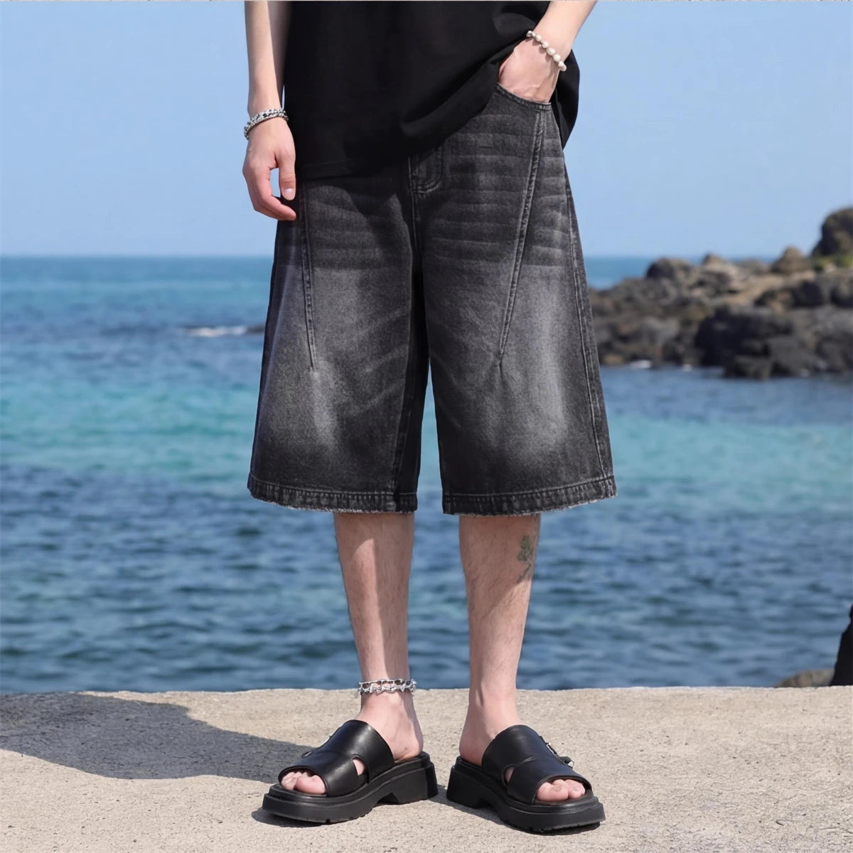 High Street Vintage Gradient Denim Shorts Loose Wide Leg Summer Casual Fashionable Versatile Must Have Shorts for Trendsetters