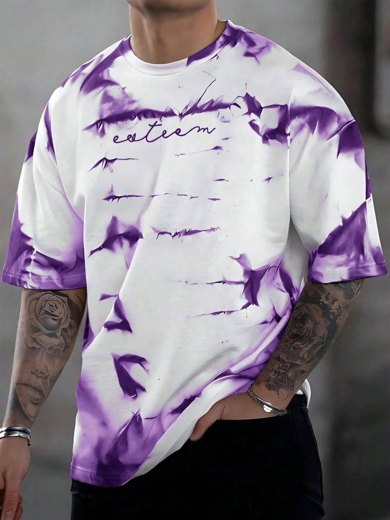 Summer Men's Breathable Comfortable and Fashionable Tie Dye Letter Pattern Round Neck T-Shirt Suitable for Outdoor Sports Wear