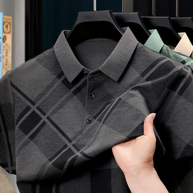 Mens Short Sleeve Big Tartan Diagonal Grid Printed Polo Tees Two Tone Placket Buttons Slim Fit Fashion Tops For Men