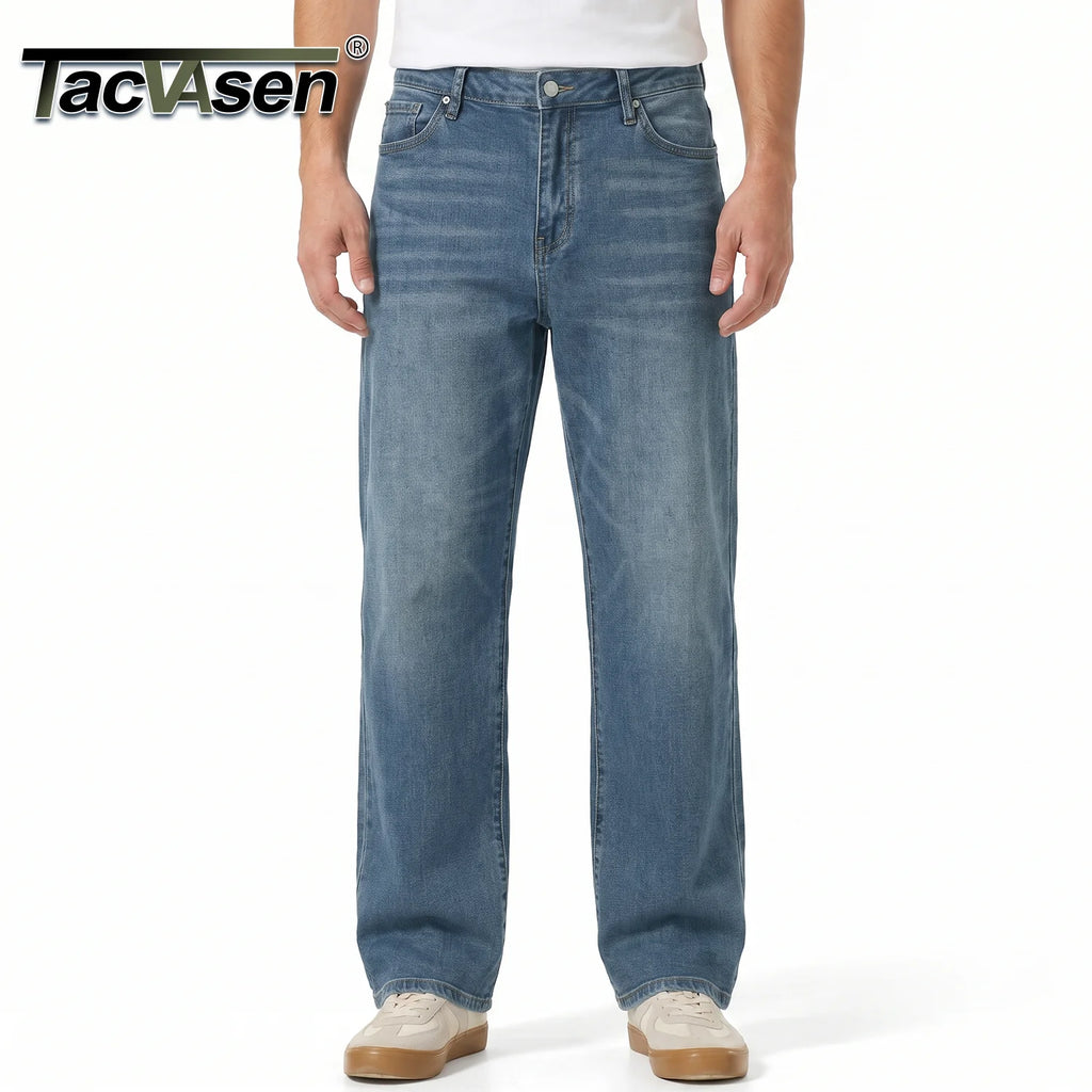 TACVASEN Summer Men's Denim Pants Washed Male Vintage Jeans Straight Casual Menwear Loose Faded Distressed Trousers New Fashion