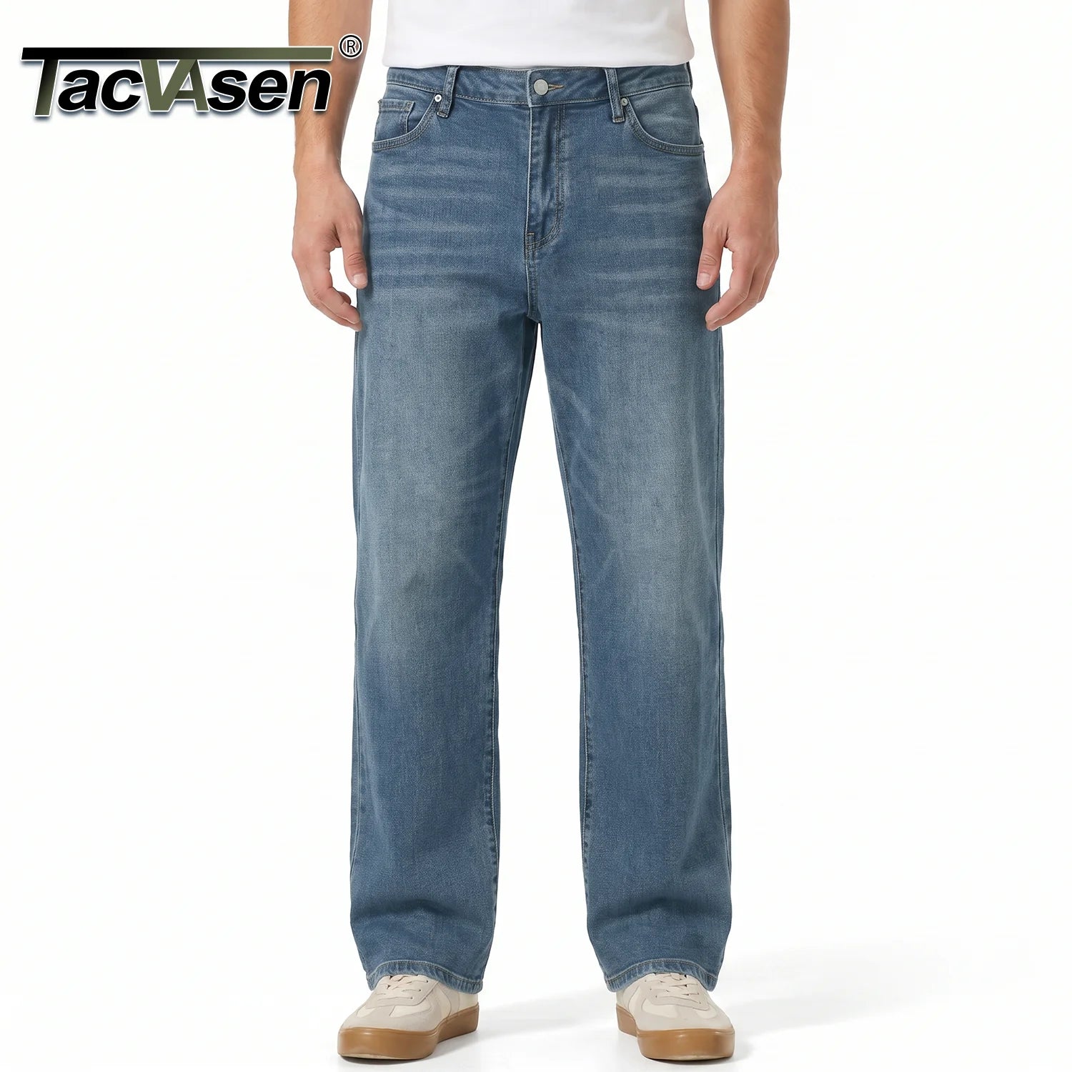 TACVASEN Summer Men's Denim Pants Washed Male Vintage Jeans Straight Casual Menwear Loose Faded Distressed Trousers New Fashion