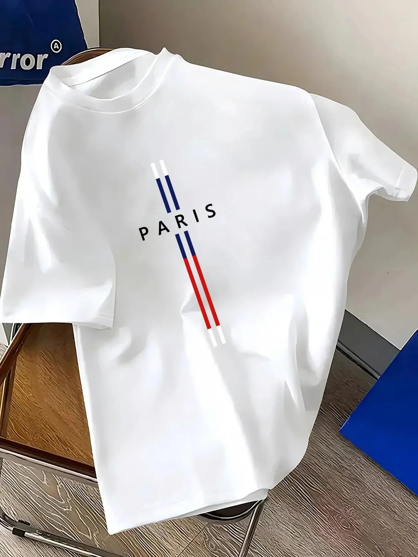 Men's summer 100_ cotton mature fashion loose Paris print casual slim round neck short sleeve T-shirt short sleeve