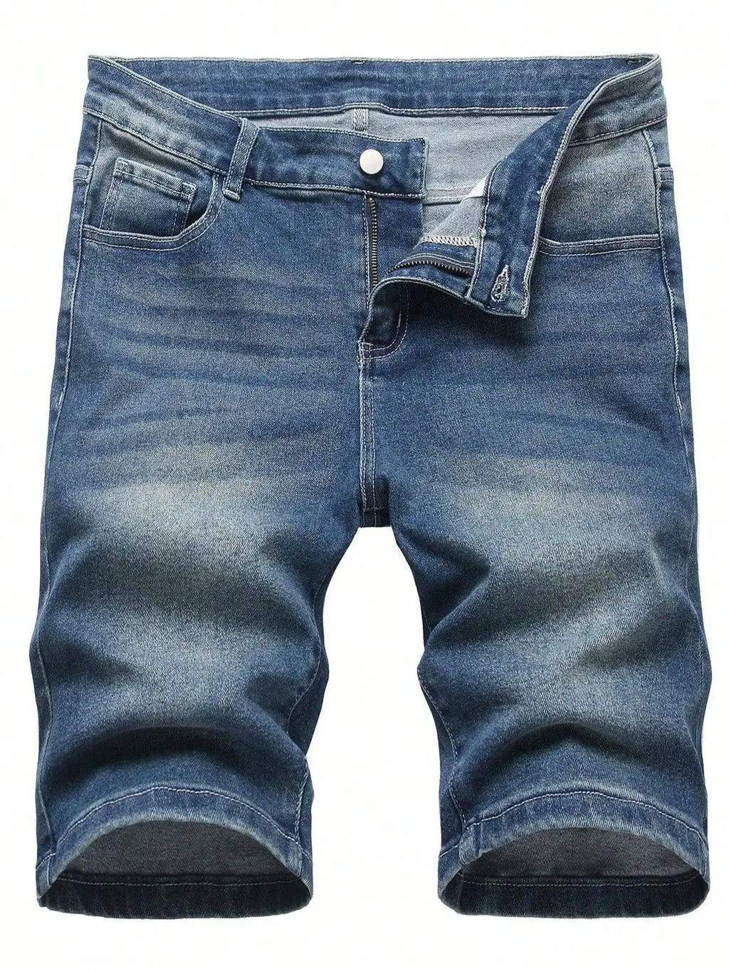 Men's Slim-Fit Blue Denim Shorts with Cuffed Hem, Blending Casual and Trendy Styles into a Versatile and Fashionable Piece