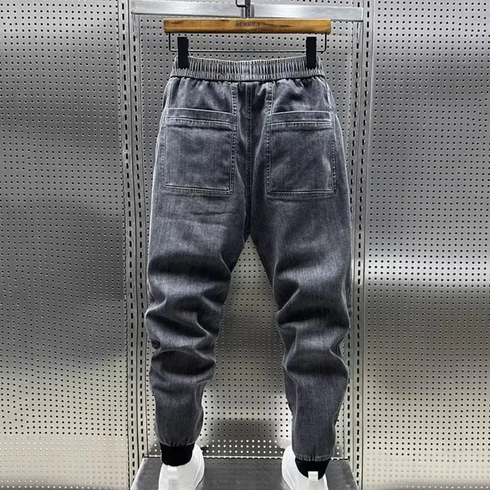 Men Jeans Cargo Harem Denim Pants Drawstring Waist Men's Hip Hop Casual Pants Running Workout Long Pants Men Jogger Sweatpants