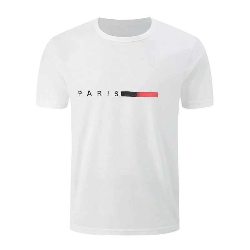 Men's summer 100_ cotton mature fashion loose Paris print casual slim round neck short sleeve T-shirt short sleeve