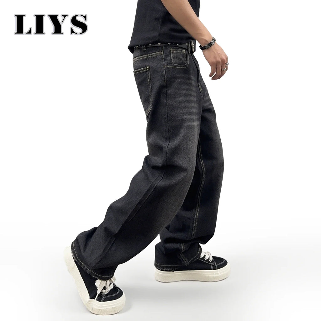 LIYS Spring Men's Black Classic Baggy Straight leg Jeans 2025 Retro Washed Basic Denim Pants Summer Business Casual Baggy Jeans