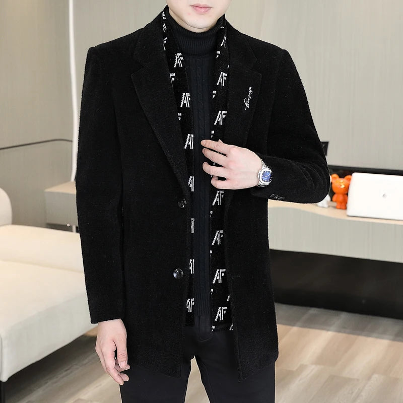 Winter Men's Woolen Coat Men Wool Coats Fashion Middle Long Scarf Collar Cotton Padded Thick Warm Male Trench  Overcoat