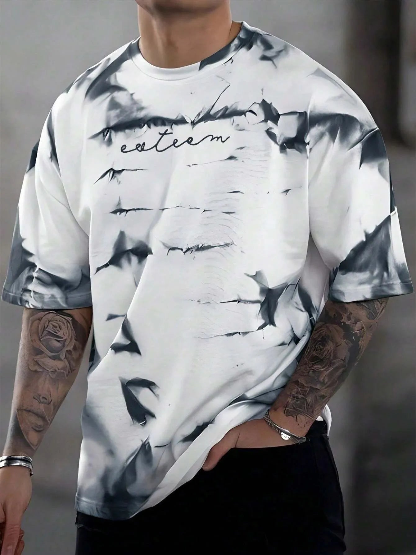 Summer Men's Breathable Comfortable and Fashionable Tie Dye Letter Pattern Round Neck T-Shirt Suitable for Outdoor Sports Wear