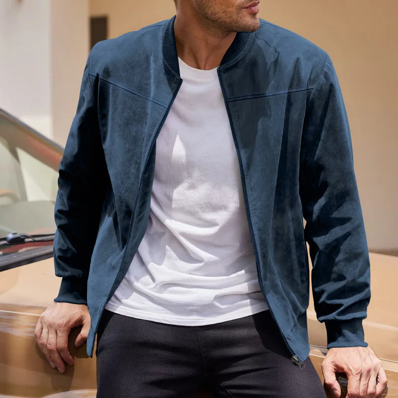 Amazon Suede Solid Color Zipper Jacket Casual Vintage Long Sleeve Cardigan Jacket Men