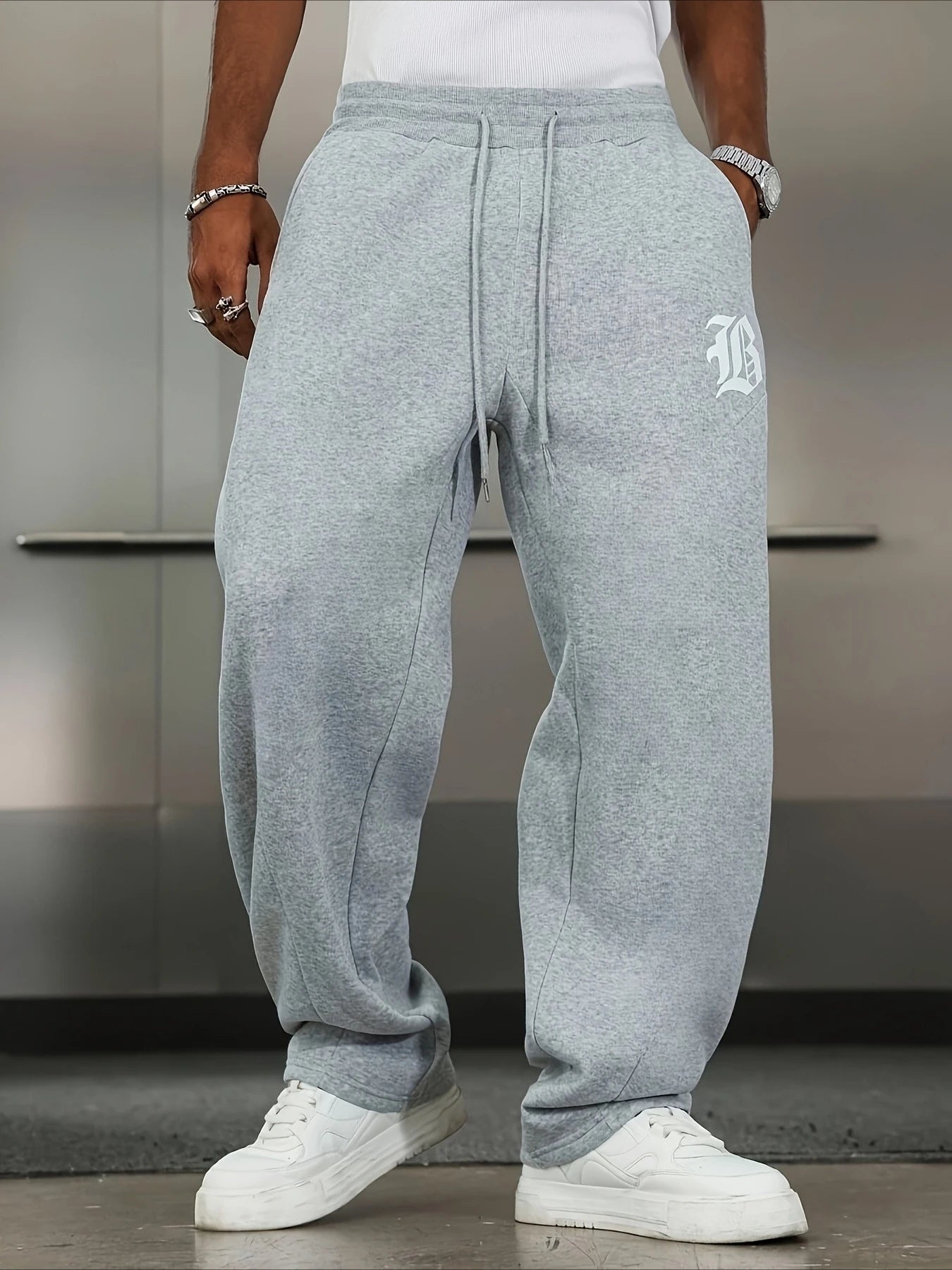 Men's Casual Pants, Stretch Solid Color Trousers, Loose Fit, Printed Pattern with Pockets, Elastic Waistband with Drawstring
