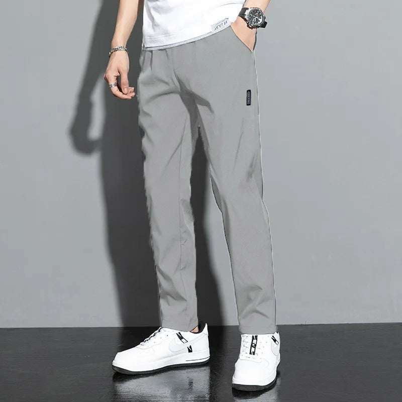Ice Silk Men's Pants 2026 Summer New Black Gray Thin Business Casual Pants Outdoor Elastic Breathable Straight Leg Sweatpants