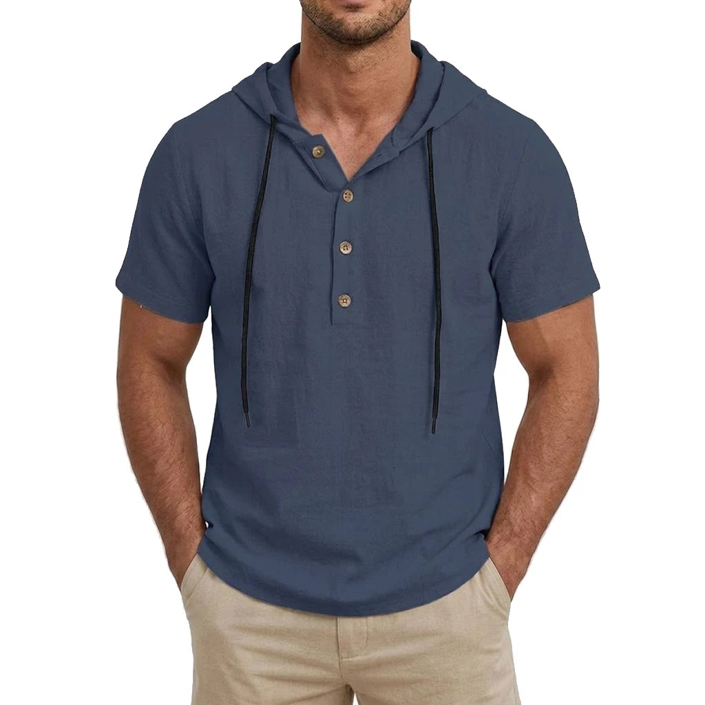 Men's Linen Hooded Short Sleeve Shirt