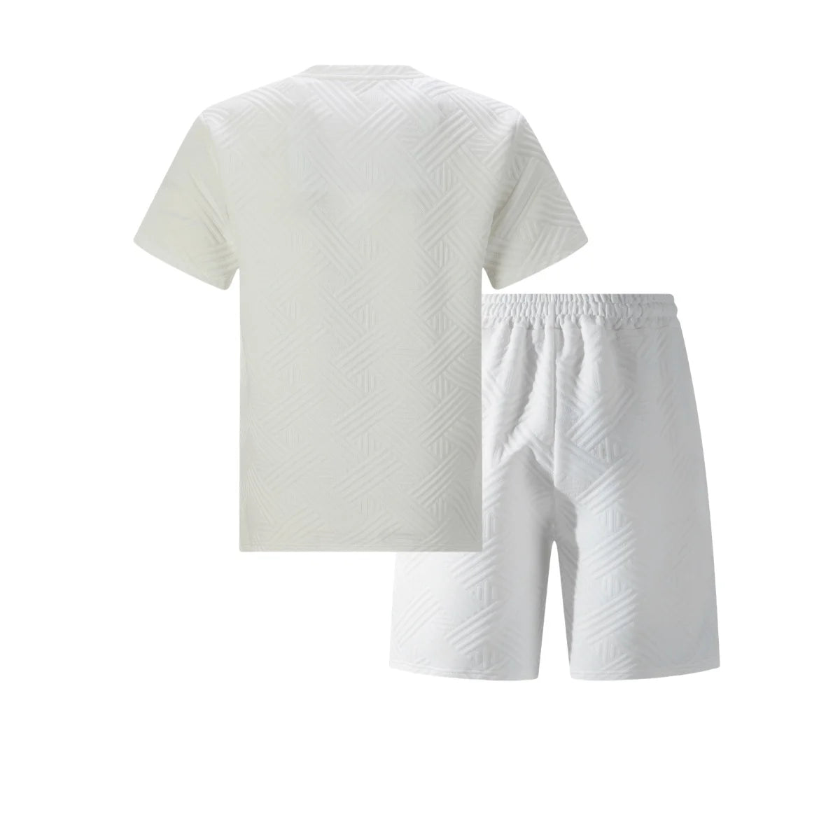 2026 Men's Summer Beige Geometric Textured 2 Piece Set Crew Neck Short Sleeve T-Shirt & Drawstring Shorts Tracksuit