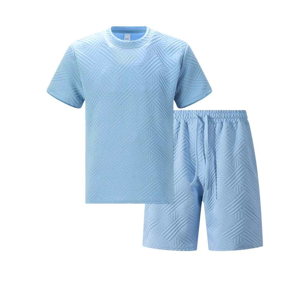 2026 Men's Summer Beige Geometric Textured 2 Piece Set Crew Neck Short Sleeve T-Shirt & Drawstring Shorts Tracksuit