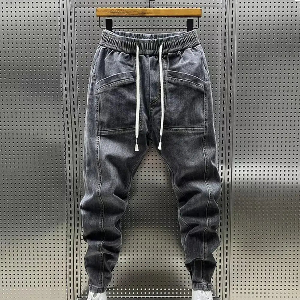 Men Jeans Cargo Harem Denim Pants Drawstring Waist Men's Hip Hop Casual Pants Running Workout Long Pants Men Jogger Sweatpants