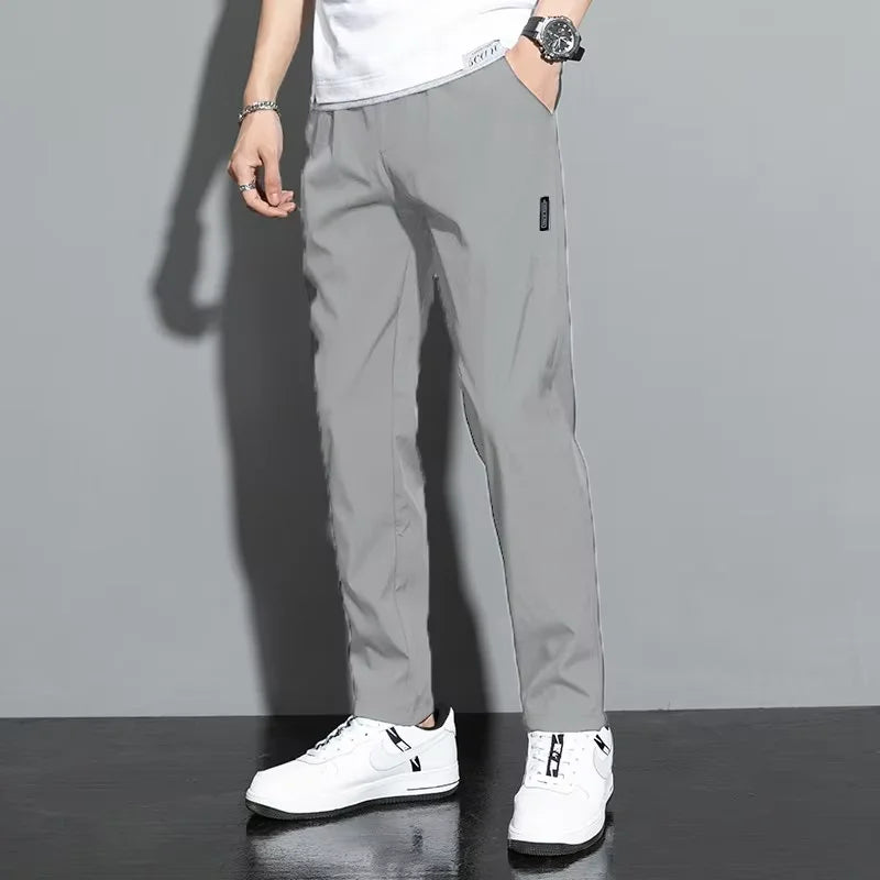 Ice Silk Men's Pants 2025 Summer New Black Gray Thin Business Casual Pants Outdoor Elastic Breathable Straight Leg Sweatpants