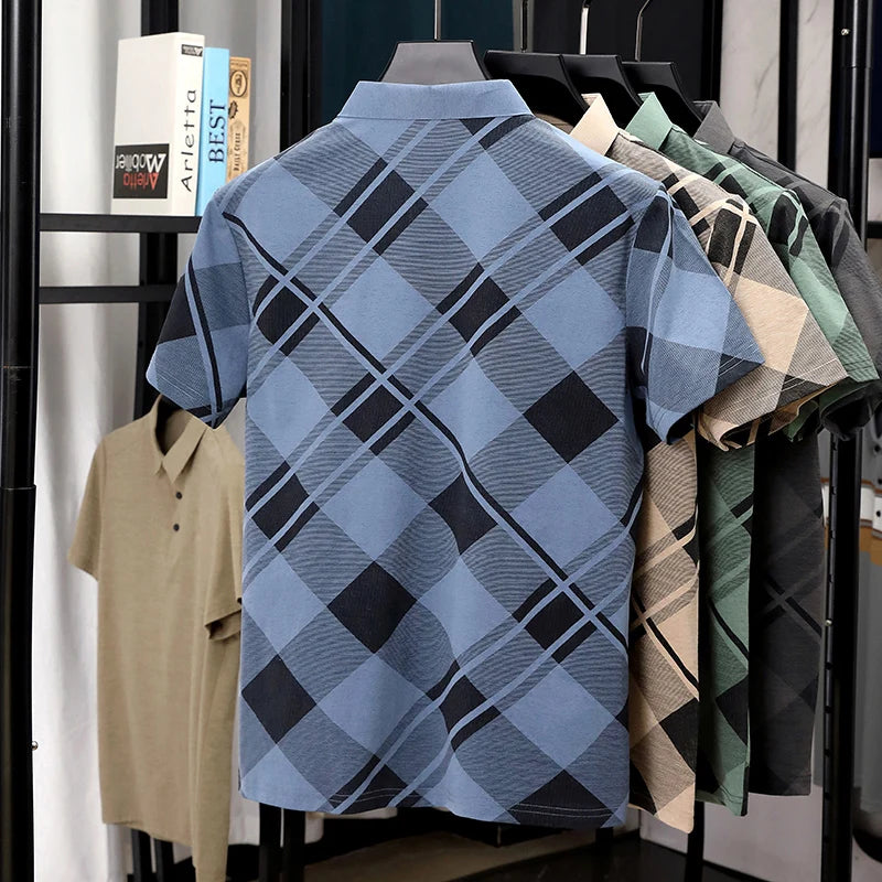 Mens Short Sleeve Big Tartan Diagonal Grid Printed Polo Tees Two Tone Placket Buttons Slim Fit Fashion Tops For Men