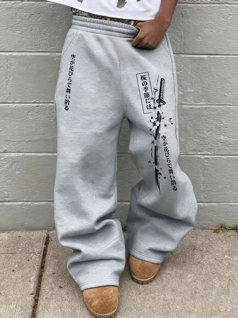 Japanese Aesthetic Pattern 3D Printed Pants, Unisex Oversized Casual Sports Pants, Street Pants, Gothic Loose Fit
