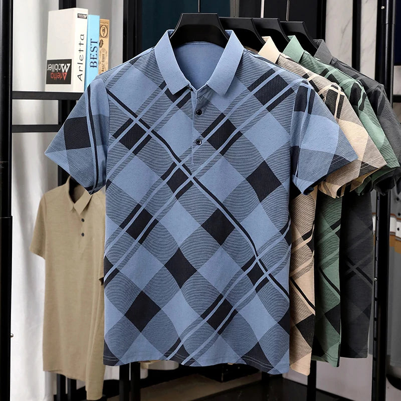 Mens Short Sleeve Big Tartan Diagonal Grid Printed Polo Tees Two Tone Placket Buttons Slim Fit Fashion Tops For Men