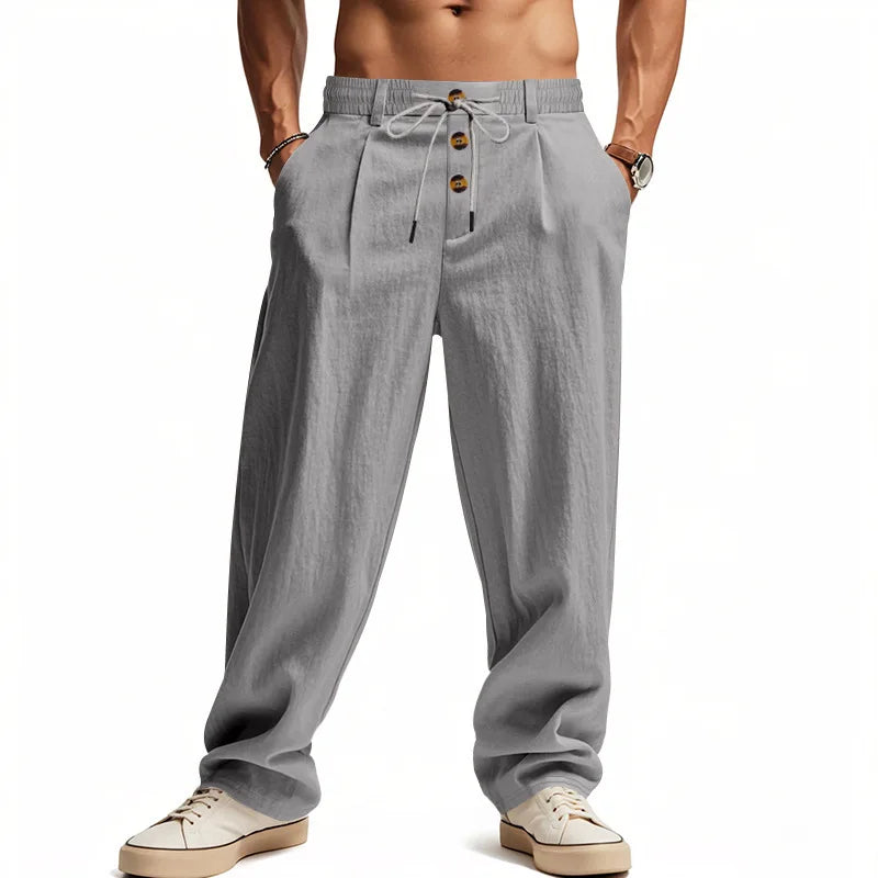 Men's Linen Pants Casual Loose Wide Leg Trousers Elastic Waist Drawstring Summer Beach Pants Lightweight Breathable