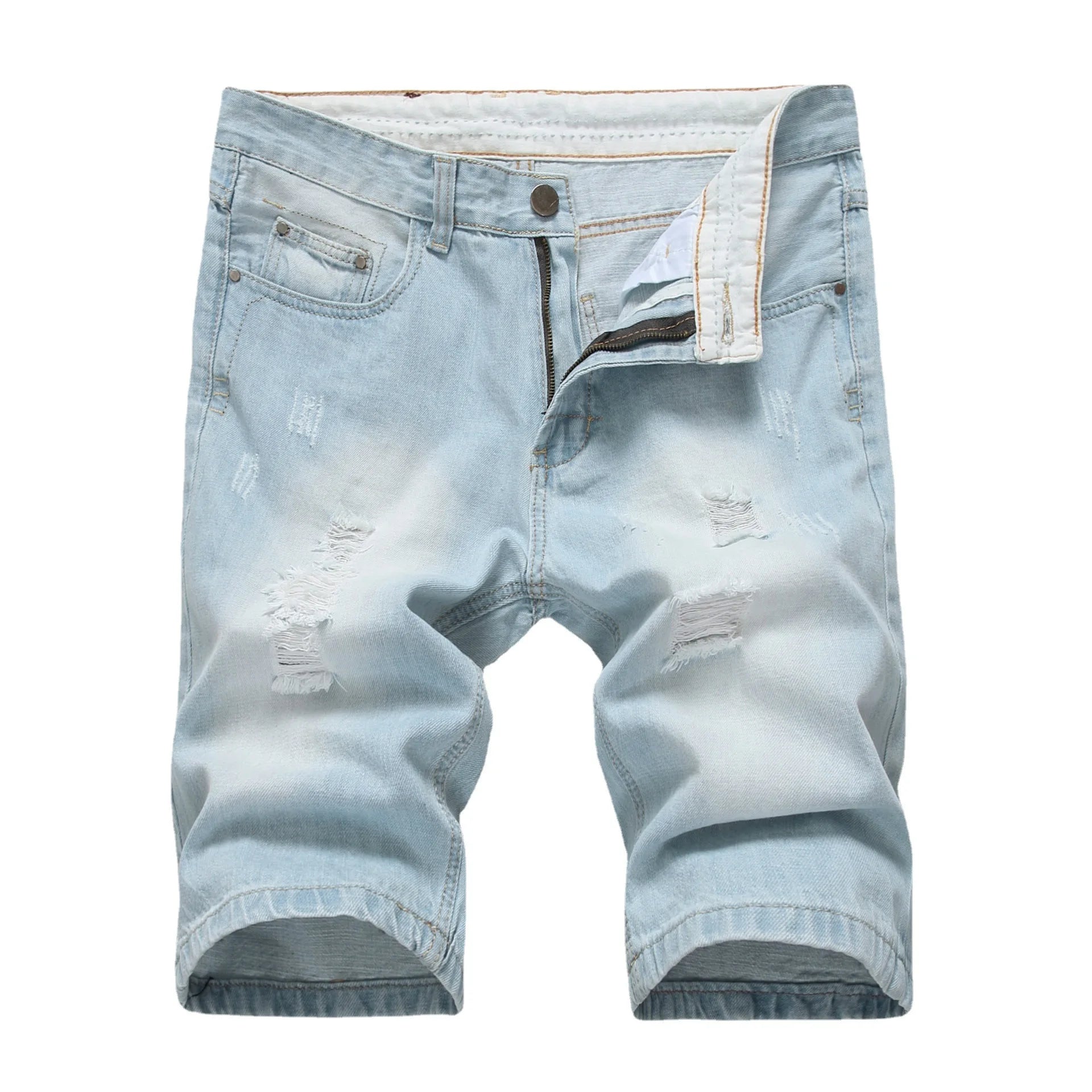 New Summer Vintage Washed Men Denim Shorts Casual Fashion Street Wear Ripped Hole Patches Distressed Male Straight Jeans Shorts