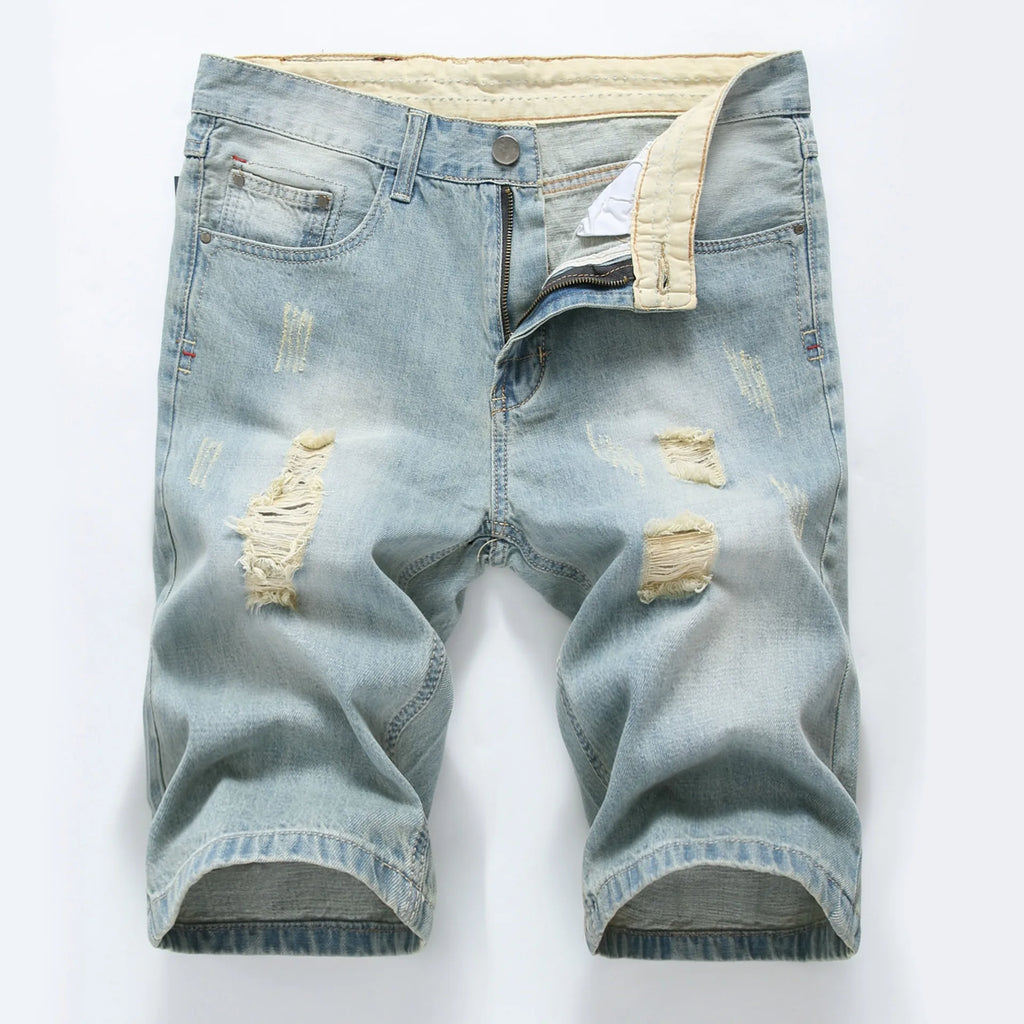 New Summer Vintage Washed Men Denim Shorts Casual Fashion Street Wear Ripped Hole Patches Distressed Male Straight Jeans Shorts
